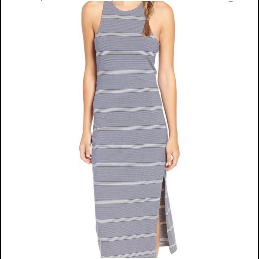 New ROXY Open Back Body Con Midi Maxi Dress Blue Cream Striped Beach Surf Casual